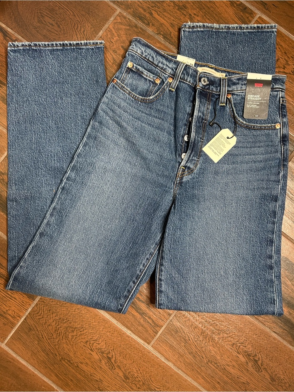 Levi’s Premium Ribcage Straight High Rise Dark Wash Denim Jeans Womens 28